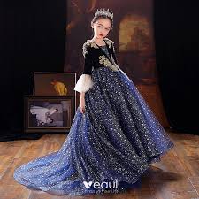 Sparkly Navy Blue Star Sequins Birthday Flower Girl Dresses 2022 Ball Gown Square Neckline Rhinestone Lace