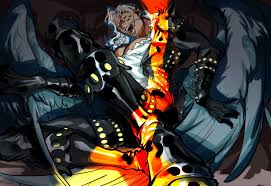 king (one piece), one piece, highres, 1boy, asymmetrical hair, black wings,  dark-skinned male, dark skin, facial tattoo, gimp suit, jacket, leather,  leather jacket, leather pants, leather suit, long hair, looking at viewer,