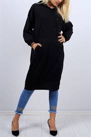 Kol Lastikli Cepli Siyah Bayan Sweat Tunik 9193b Giyim Elbise