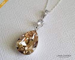 Champagne Teardrop Crystal Necklace Swarovski Light Silk Rhinestone Pendant Champagne Silver Wedding Necklace Bridal Champagne Jewelry Wedding Jewellery Gifts Sterling Silver Chain Necklace 925 Sterling Silver Chain