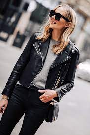 Blonde Woman Wearing Club Monaco Black Leather Jacket Grey Sweater Black Skinny Jeans Fashion Jackson San Diego F Fashion Jackson Fashion Fashion Clothes Women