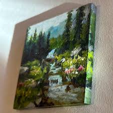 Colorado Summer Waterfall with Wildflowers small landscape oil painting