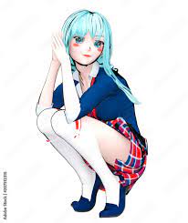 3D sexy anime doll japanese anime schoolgirl big blue eyes and bright  makeup. Skirt cage. Cartoon, comics, sketch, drawing, manga illustration.  Conceptual fashion art. Seductive candid pose. Stock-illustrasjon | Adobe  Stock