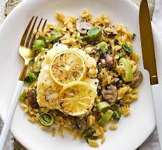 Baked Cod With Creamy Mushroom Leek Orzo Recipe In 2021 Bbc Good Food Recipes Orzo Creamy Mushrooms