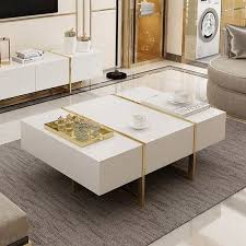 Rectangular Coffee Table White Black Coffee Table With Drawers Table With Storage Gold Metal In 2020 Coffee Table White Black Coffee Tables Rectangular Coffee Table