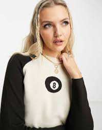 Daisy Street Crop Knitted Sweater With 8 Ball Graphic-green