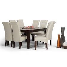 Simpli Home Cosmopolitan 9 Piece Dining Set With 8 Upholstered Dining Chairs In Satin Cream Faux Leather And 54 In Wide Table Axcds9 Cos Cr The Home Depot