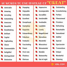 Great Synonyms List Of 145 Synonyms For Great 7 E S L In 2020 Synonyms For Great Words To Use Words