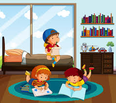 Tres niños haciendo la tarea en el dormitorio. - Descargar ...