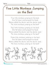 This rhyme can be used to teach children counting. Five Little Monkeys Jumping On The Bed Worksheet Education Com