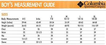 Cabelas Sizing Charts Columbia Boys Columbia Boys Chart