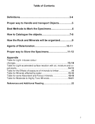 2 Table Of Contents Definitions 3 4 Proper Way To Handle And Transport Objects 5 Best Methods To M Rocks Minerals Table Of Contents Minerals