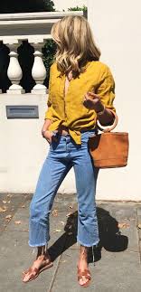 Attractive Black And Yellow Outfits For Ladies Women S Mustard Yellow Blouse With Wide Leg Raw Edge Denim Bottoms Women S Fashion Summer Sty Classy Summer Outfits Yellow Blouse Outfit Summer Blouse Outfit