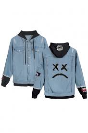 Free for commercial use no attribution required high quality images. Unique Cool Sad Face Printed Long Sleeve Patched Hooded Button Down Blue Denim Jacket Beautifulhalo Com
