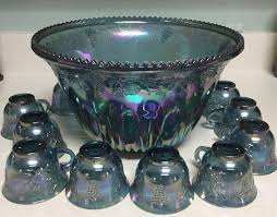 Product titlepyrex simply store 4 cup glass bowl value pack, set. Vintage Blue Iridescent Indiana Carnival Glass Punch Bowl Set Carnival Glass Blue Carnival Glass Carnival Glassware