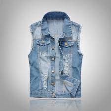 Litthing Men Denim Jeans Vest Coat Ripped Tassel Pocket Sleeveless Jacket Man Streetwear Cowboy Waistcoat Sleeveless Denim Jackets Waistcoat Men Denim Vest Men