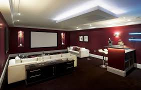 Obsessed With The Maroon Color Of This Living Room Brighten Up A Dark Paint With Maxxima Led Lights Basement Colors Home Theater Design Home Theater Rooms