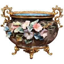 19th Century French Hand Painted Barbotine Flower Jardiniere With Bronze Mounts Hand Painted Flowers Vases And Vessels Urn Vase