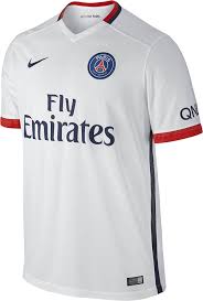 The jersey is framed by a black trim on the collar and sleeves. Nike Paris Saint Germain 2015 16 Football Jerseys
