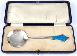 MISSING Enamel, Cased Silver Spoon, Worn Gilding, Enameled Handle, 5 1/2  Inches, Adolph Scott, Art Deco, Fruit Spoon, Stylish Tableware