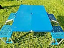 Check spelling or type a new query. Picnic Table And Chairs Vintage Fold Up Made For Overwaitea Blue Plastic Metal Ebay
