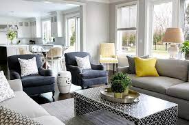 Pawnova upholstered mid century loveseat sofa for living room, modern design sofa with tufted back, gray. Gray Sofa With Bright Yellow Pillows And Black Waterfall Coffee Table Transitional Living Room