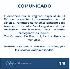 La institución informó que desde el próximo 3 de enero de 2020 iniciarán sus labores en un nuevo. Telemetro Reporta On Twitter El Tribunal Electoral Informa Que La Regional Especial De El Dorado Presenta Inconvenientes En El Sistema Y Que No Se Estan Realizando Tramites De Cedulacion Ni Registro Civil