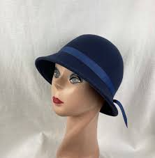 Navy Blue Wool Felt Cloche Hat Flapper Style