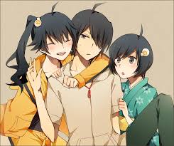 Safebooru Araragi Koyomi Araragi Tsukihi Black Eyes Black Hair Brother And Sister Hair Over One Eye Hooded Track Jacket Anime Siblings Anime Friendship Anime