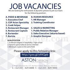 Lowongan kerja di hotel bandung ini datang dari grand cordela hotel yang saat ini membuka sebanyak 4 posisi pekerjaan. Aston Cirebon Hotel Convention Center Loker Lowongan Kerja Hotel