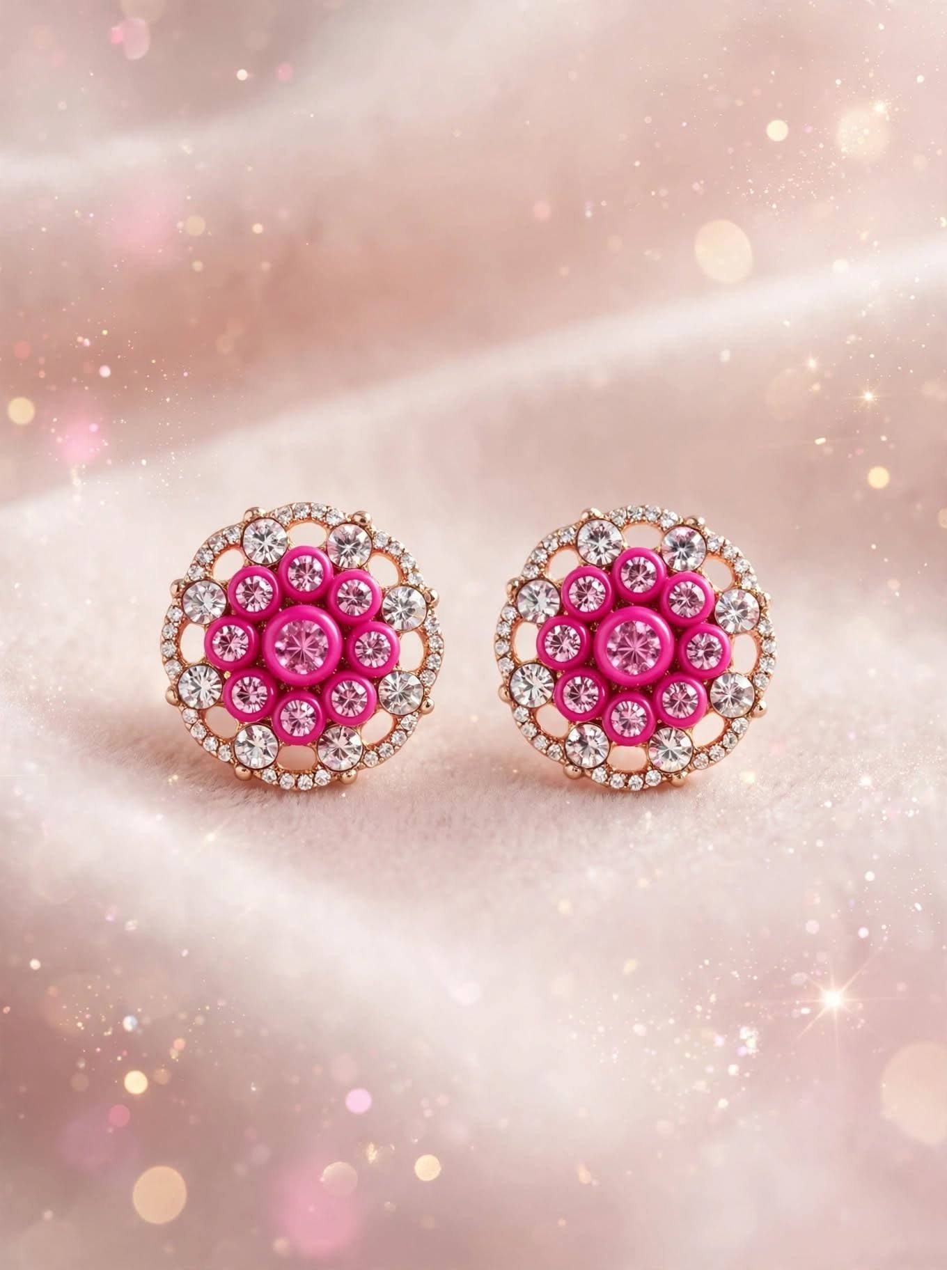 Rosy Blossom Pink & White Crystal Cluster Stud Earrings product image