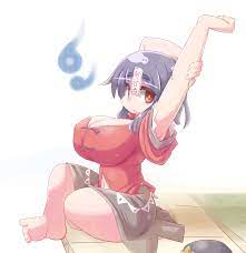 aoihitsuji, miyako yoshika, touhou, commentary request, 1girl, alternate  breast size, alternate eye color, arms up, barefoot, black headwear, black  skirt, breasts, cabbie hat, chinese clothes, cleavage, closed mouth,  expressionless, full body, hat,