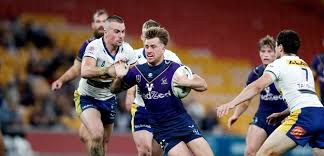 Ryan papenhuyzen of the storm is tackled by clinton gutherson of the eels during the round nine nrl match between the melbourne storm and the parramatta eels at suncorp stadium on may 11, 2019 in brisbane, australia. Ieotsxbaesugfm