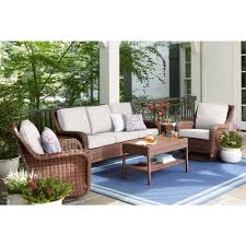 Hampton Bay Cambridge Brown Wicker Outdoor Patio Sofa With Cushionguard Chalk White Cushions H049 01396100 The Home Depot In 2020 Backyard Furniture Used Outdoor Furniture Small Patio Furniture