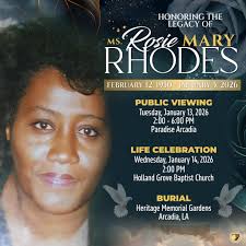 Paradise Funeral Home Celebrates the Life of MS. ROSIE MARY RHODES  ---------------------------------------------- God hath not promised skies  always blue, Flower-strewn pathways all our lives through, God hath not  promised sun without rain,
