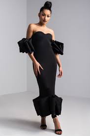 Akira Off Shoulder Ruffle Sleeve Ruffle Hem Bodycon Scuba Neoprene Midi Dress In Black Dresses Scuba Dress Midi Dress