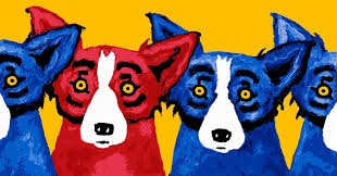 In 1992, George Rodrigue painted The Blues Can Hide a Bad Apple, a work  that features three blue dogs and one red dog. Rodrigue began painting red  dogs in 1990 to depict
