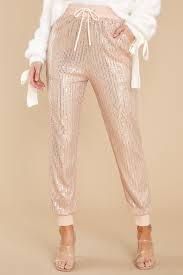 Chic Rose Gold Sequin Joggers Glitter Pants Red Dress
