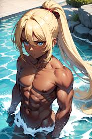 Anime Muscular Small Tits 18 Age Serious Face Blonde Ponytail Hair Style  Dark Skin Comic Stage Side View Bathing Nude 3671435542704401860 