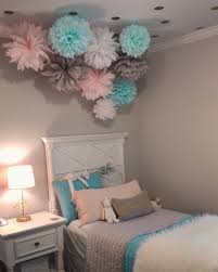 Gray Aqua Pale Pink Girls Room Tissue Pompoms And Gold Vinyl Dots On The Cei In 2020 Pink Girl Room Pink And Grey Room Pink Bedroom For Girls