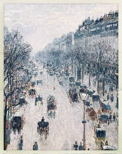 The Boulevard Montmartre on a Winter Morning”, 1897 Artist: Camille Pissarro,  1830-1903 Medium: Oil on Canvas After spending six years in rural Éragny,  Pissarro returned to Paris, where he painted several series