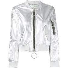 Off White Zipped Jacket 1 220 Liked On Polyvore Featuring Outerwear Jackets Grey Leather Bomber Zip Jackets Metallic Bomber Jacket Grey Leather Jacket
