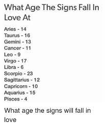 It's not uncommon for cancer to fall into committed love after just a few days or weeks, and even though that decision is sudden, it can. What Age The Signs Fall In Love At Aries 14 Taurus 16 Gemini 13 Cancer 11 Leo 9 Virgo 17 Libra 6 Scorpio 23 Sagittarius 12 Capricorn 10 Aquarius 15 Pisces 4