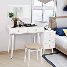 Cozuhause Vanity Table Set With Hanging 27 Quot Mirror 2 Large Capacity Drawer 3 Drawers 24 Quot Storage Cushioning S In 2020 Vanity Table Set Vanity Table Solid Oak