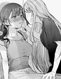 mochizuki honami, yoisaki kanade, project sekai, commentary request,  highres, korean commentary, 2girls, blush, breasts, greyscale, hand on  anothers face, hand on anothers thigh, large breasts, long  hair, looking at another, monochrome ...