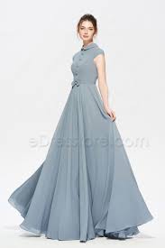 Modest Dusty Blue Bridesmaid Dress Cap Sleeves Lace Dress With Sleeves Dusty Blue Bridesmaid Dresses Simple Gowns