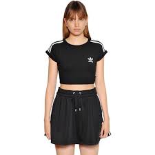 Womens Black Adidas Crop Top Adidas Originals Women 3 Stripes Cropped Cotton Jersey T Shirt 44 Liked On Polyvore Feat Long Sleeve Cotton Tops Striped Sleeve Tee Knitting Women Sweater