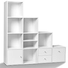 Idmarket Meuble De Rangement Escalier 4 Niveaux Bois Blanc Avec Porte Et Tiroirs Meuble Rangement Rangement Escalier Rangement