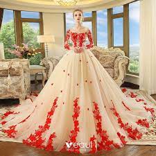 Kurze brautkleider eignen sich zum beispiel dann sehr gut, wenn sie vorhaben am strand oder im eigenen garten zu feiern. Schone Champagner Durchsichtige Brautkleider Hochzeitskleider 2018 Ballkleid Rundhalsausschnitt Lange Armel Ruckenfreies Rot Applikationen Spitze Perlenstickerei Kathedrale