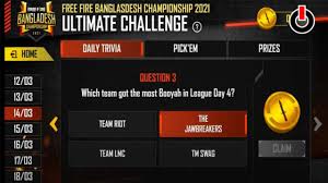 Free fire is the ultimate survival shooter game available on mobile. Free Fire Bangladesh Ultimate Challenge Day 3 4 All Questions Answers